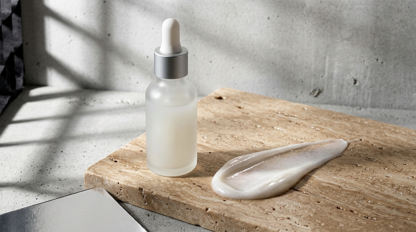AI-generated on-model product image of a glowing amber glass skincare bottle resting on a sleek stone surface under soft natural sunlight