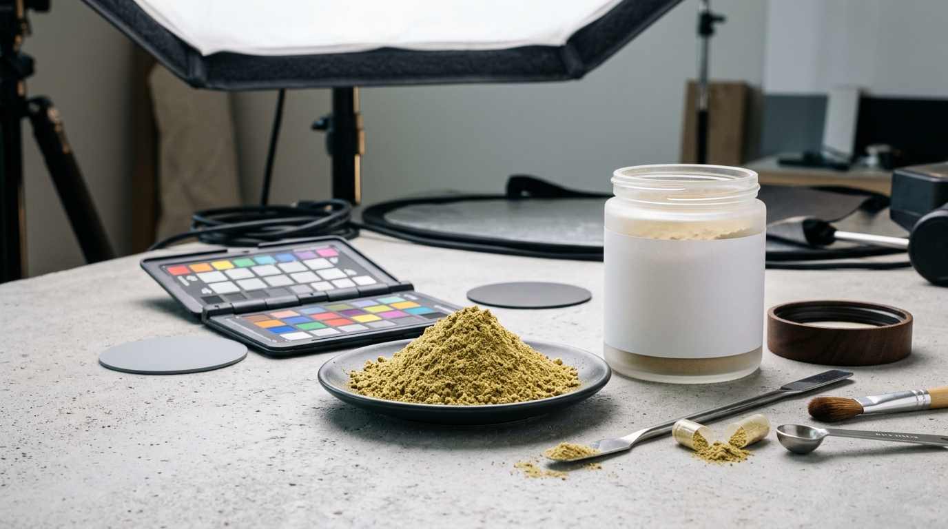 AI-generated product image of a black protein powder tub sitting on a sleek gym bench with a blurred out weight rack in the background.