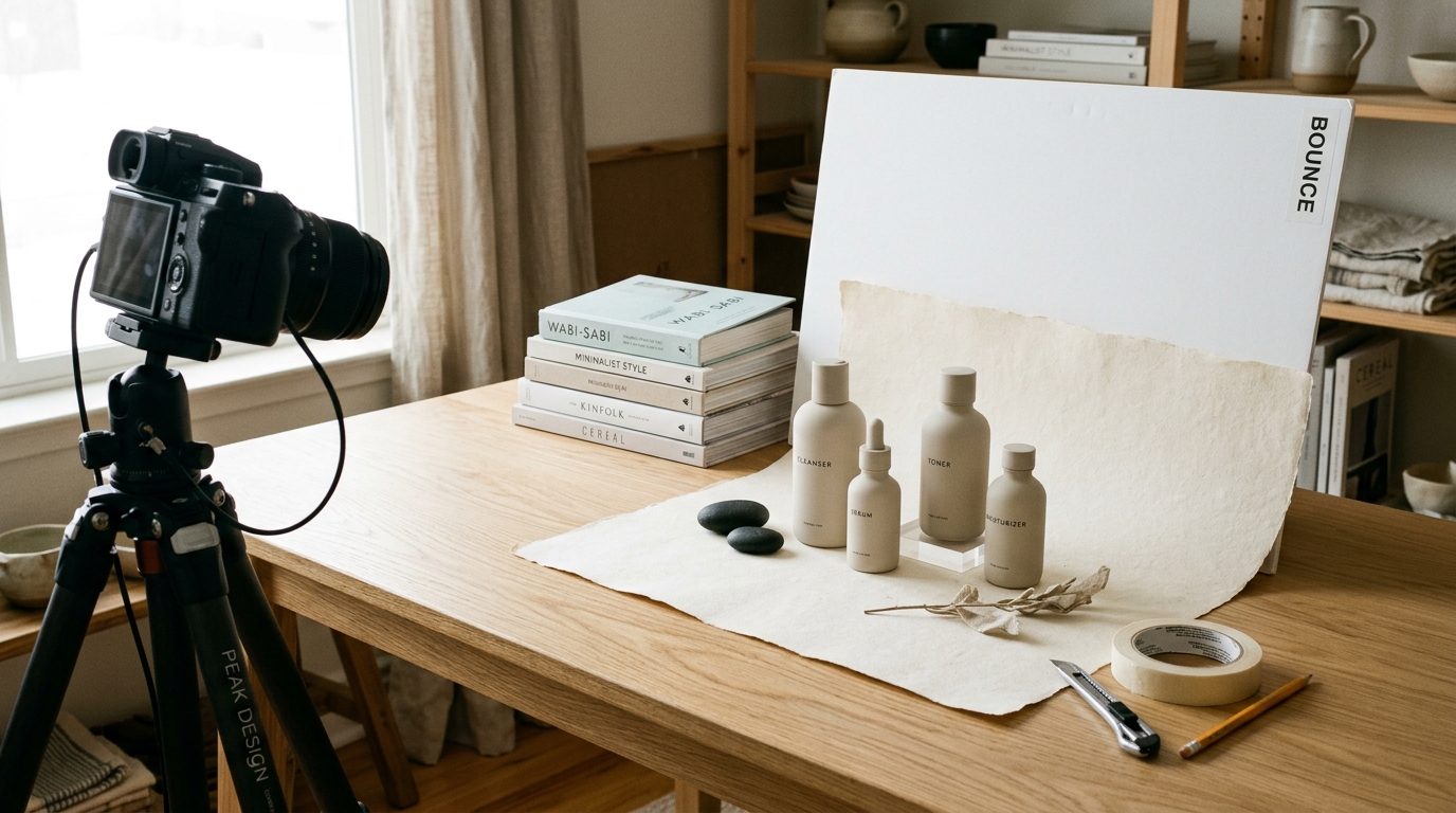 A minimalist DIY photography setup showing a camera positioned to capture a sleek cosmetic bottle against a smooth neutral backdrop.