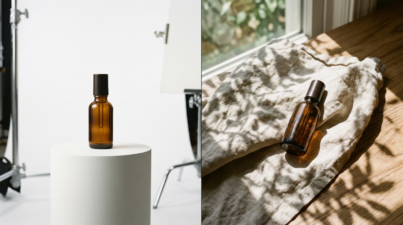 Split-screen view showing a professional on-model studio shot of a leather crossbody bag next to a casual customer mirror selfie holding the same bag