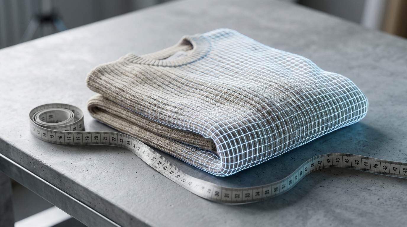 AI-generated on-model product image of a textured olive green winter jacket worn by a digital fashion model against a neutral grey studio background.