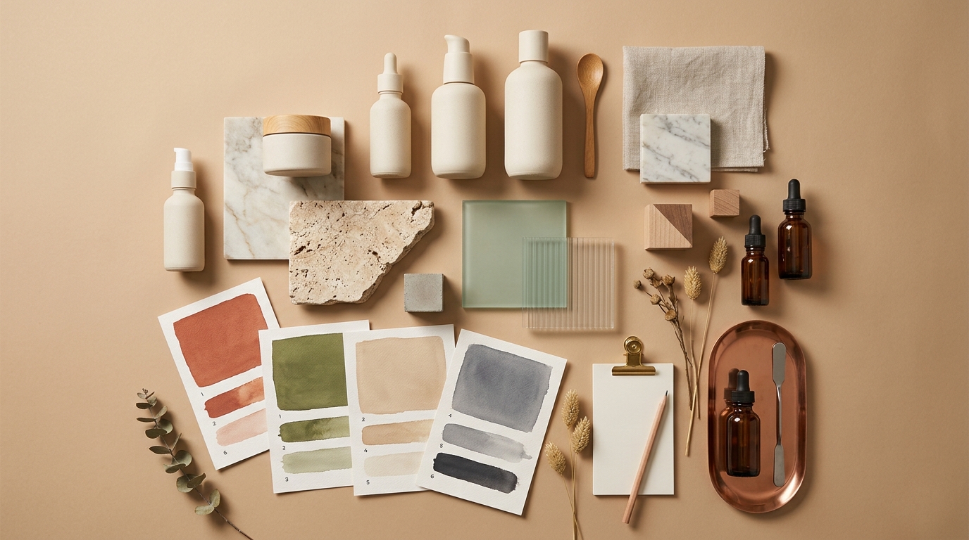 A cohesive ecommerce storefront interface displaying uniformly lit cosmetic products set against a minimalist beige background with matching typography.