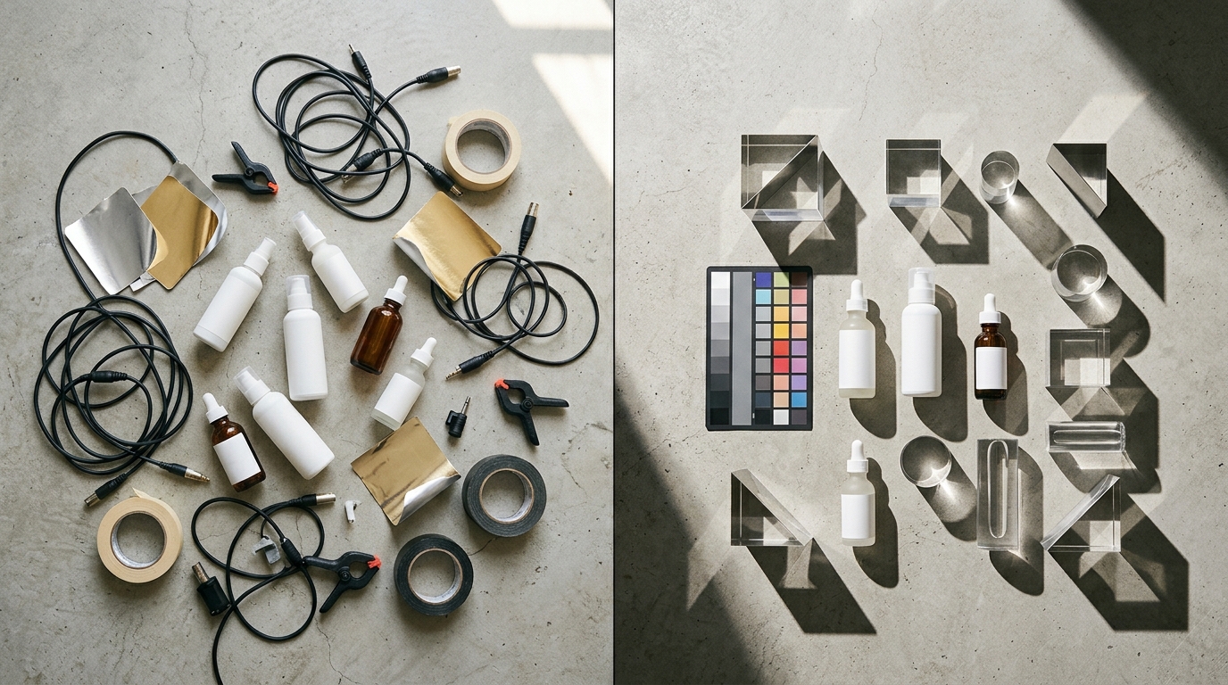 AI-generated image of a leather handbag on a marble pedestal showing distorted shadow angles due to poor reference lighting