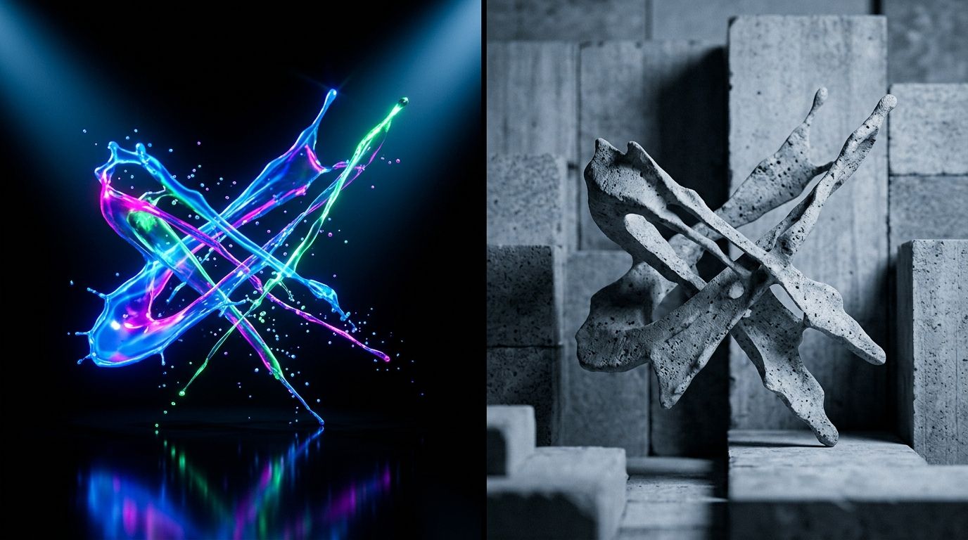 Split screen demonstrating ad creative to landing page mismatch showing a highly stylized ad next to a generic sterile landing page