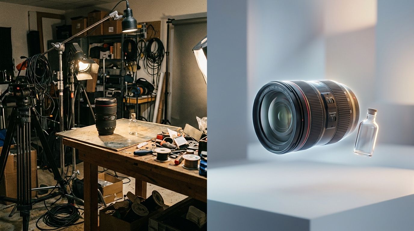 Side by side comparison of a physical studio setup versus an AI generated ecommerce product photo