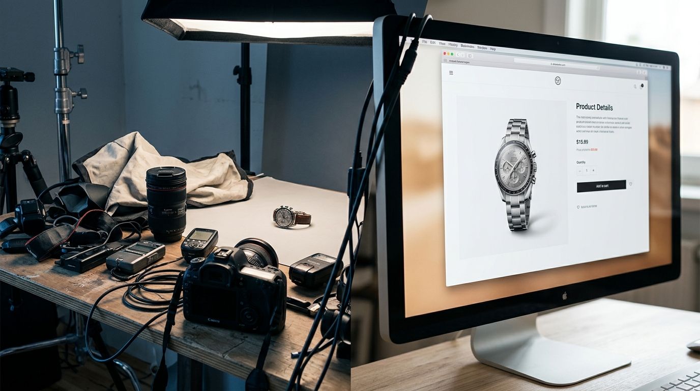 An AI generated workflow showing a raw product photo transformed into an Amazon compliant listing image
