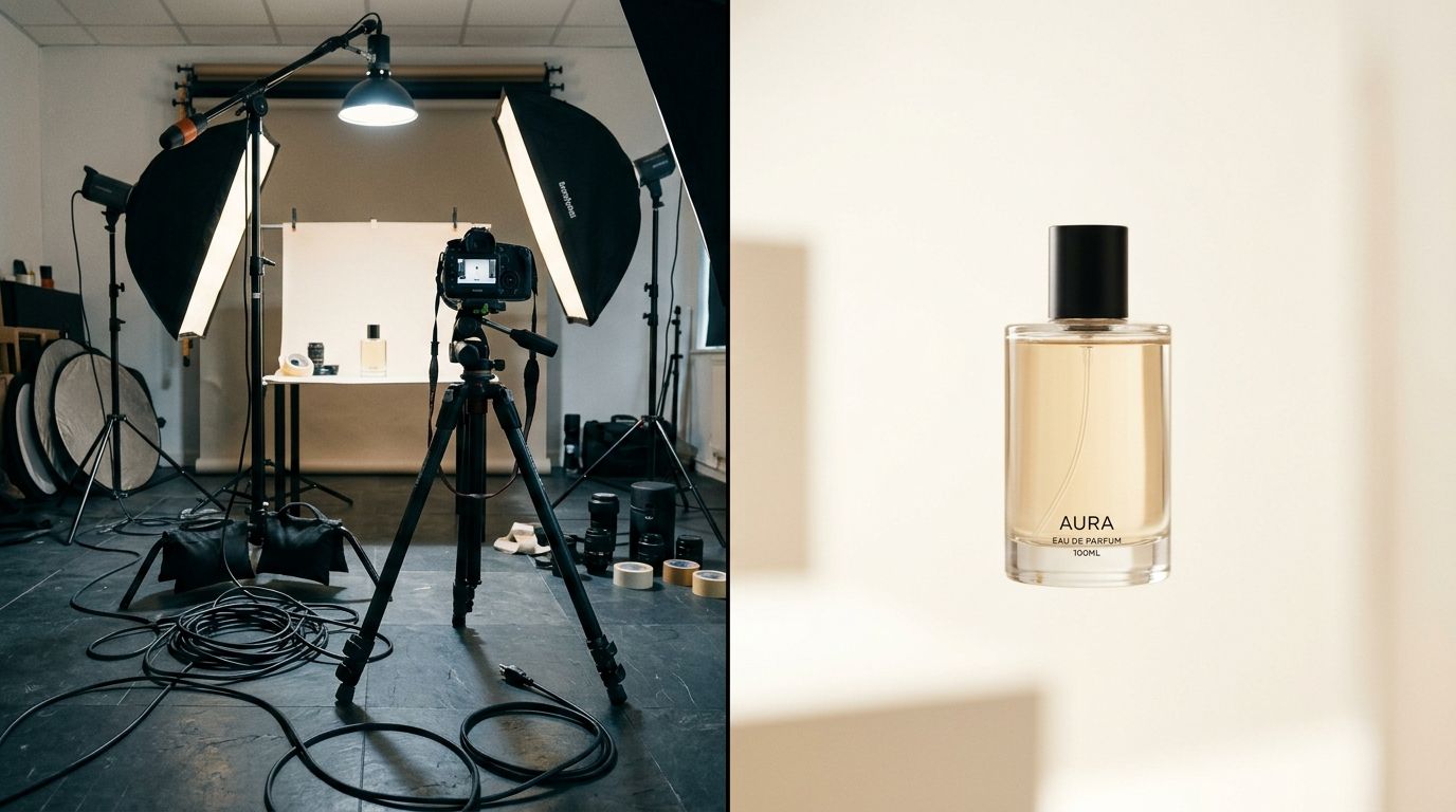 AI product photography output showing a cosmetic bottle in a luxury setting