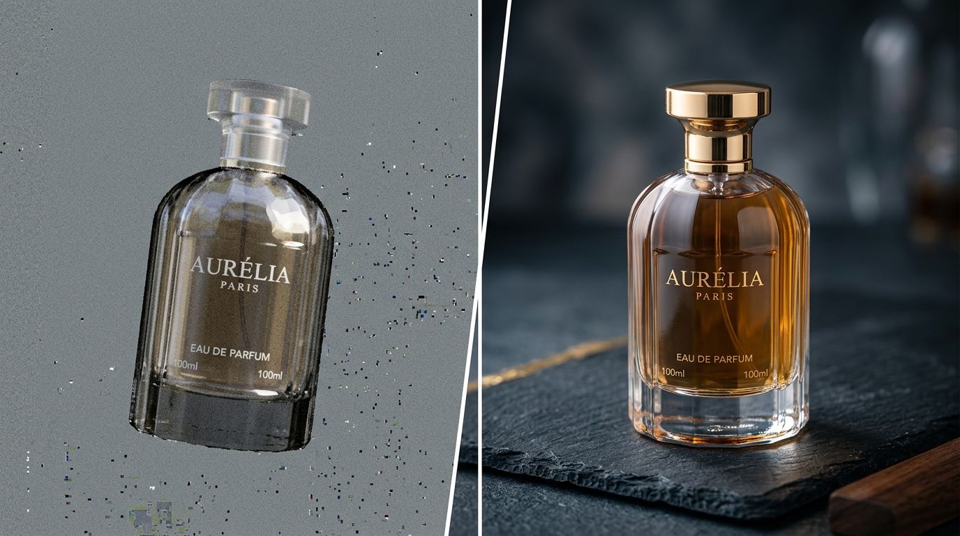 A split screen showing a low resolution free tier AI product photo next to a high resolution paid AI product photo