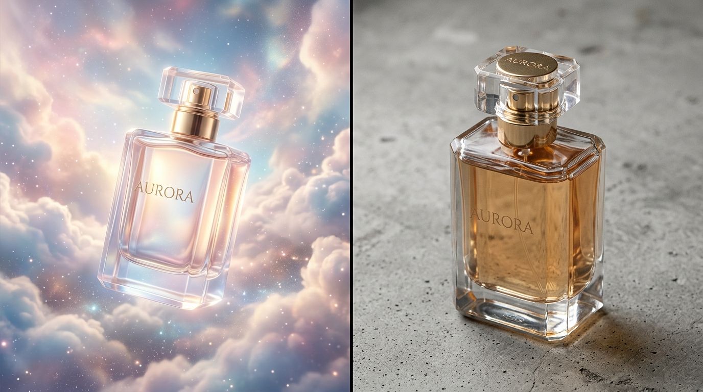 Side by side comparison showing a traditional studio setup next to an AI generated product image