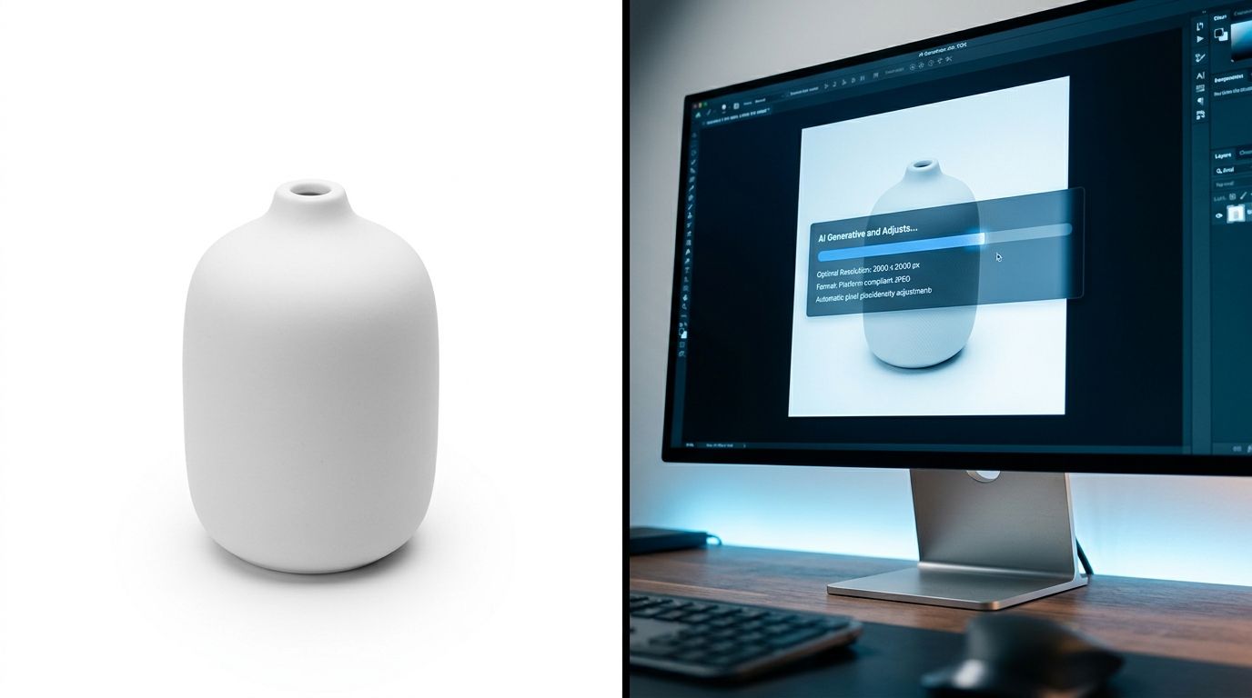 Amazon product photography layout showing pure white background compliance alongside secondary lifestyle images
