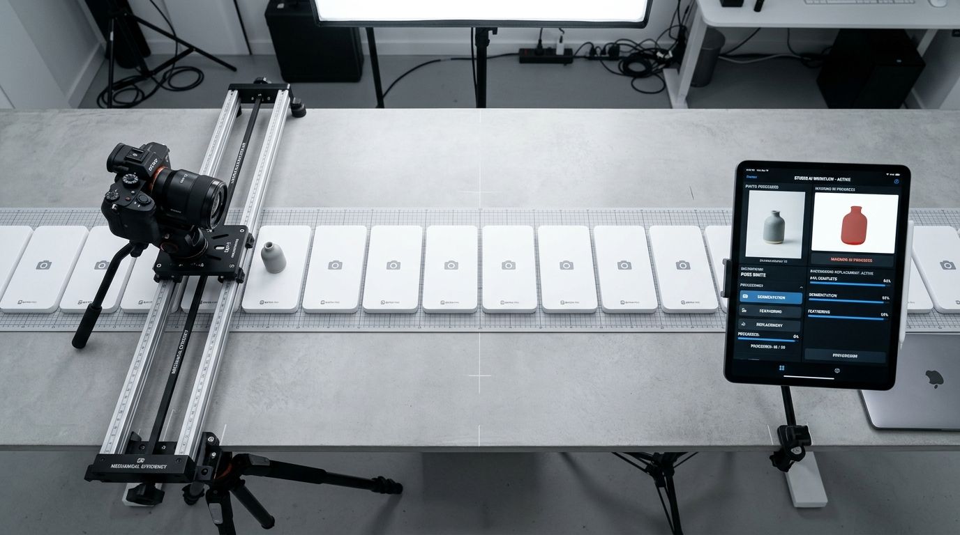 A well-organized product photography studio setup for batch shooting