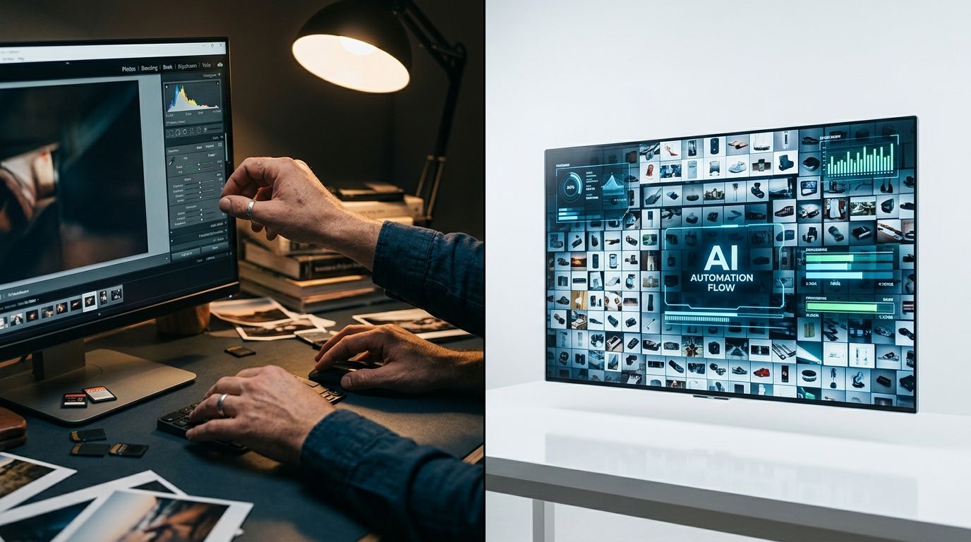Interface showing batch product photography editing workflow with multiple images selected