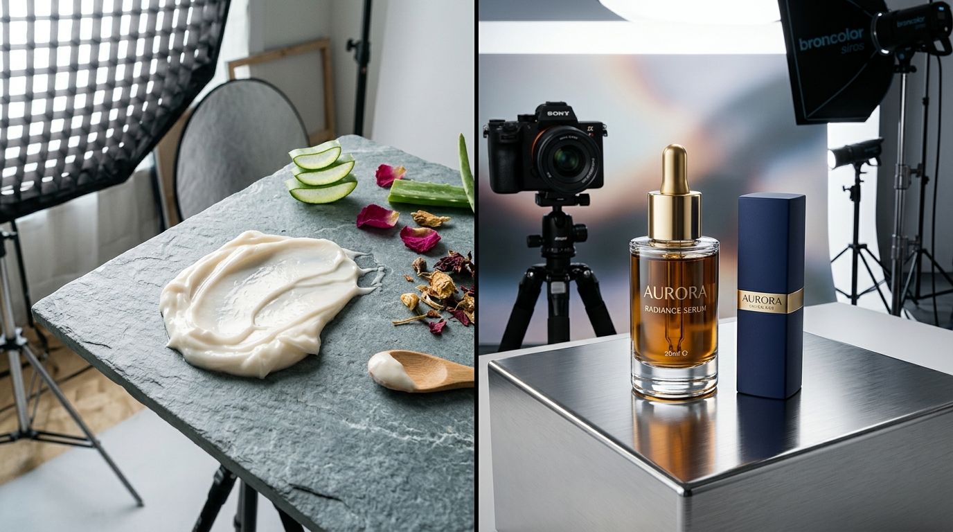 High-end beauty product photography featuring skincare and cosmetics surrounded by natural lighting and botanical elements