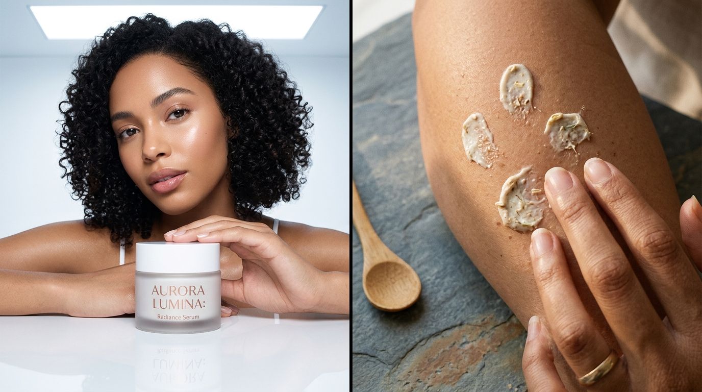 Premium skincare product photography showing a glass dropper bottle on a minimalist stone podium