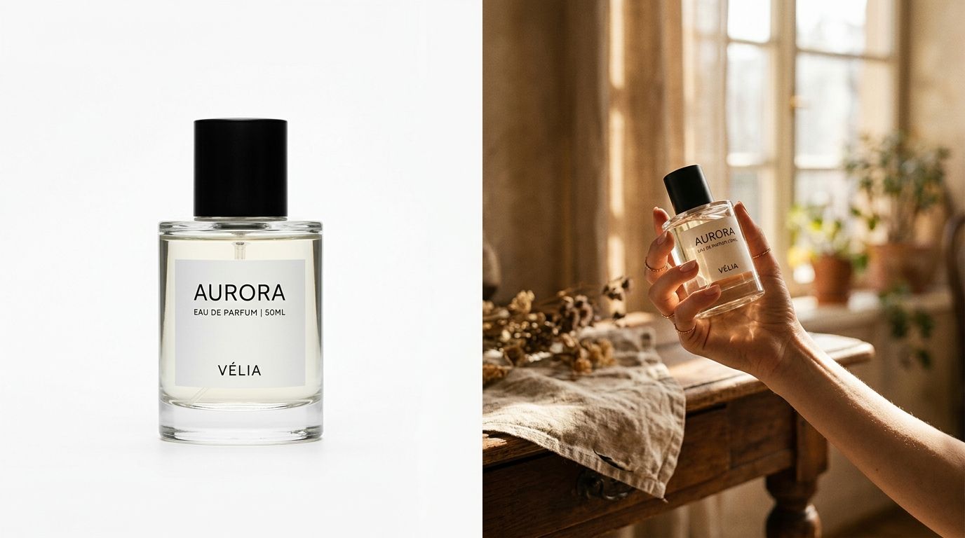 Side by side comparison of a moody brand lifestyle photo and a clean studio product photo