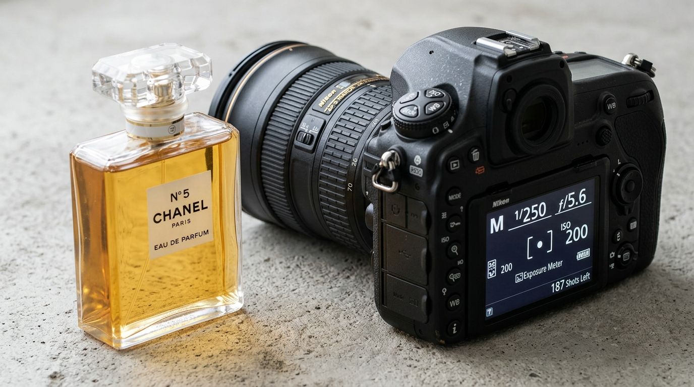 Camera interface showing manual mode settings tuned for a studio product shoot