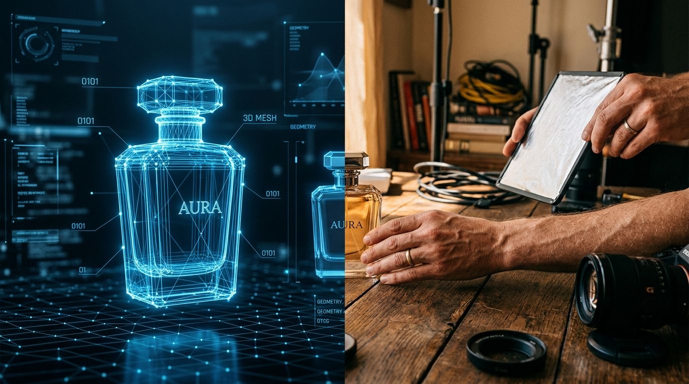 Split screen showing a traditional photography studio setup next to an AI generated product image