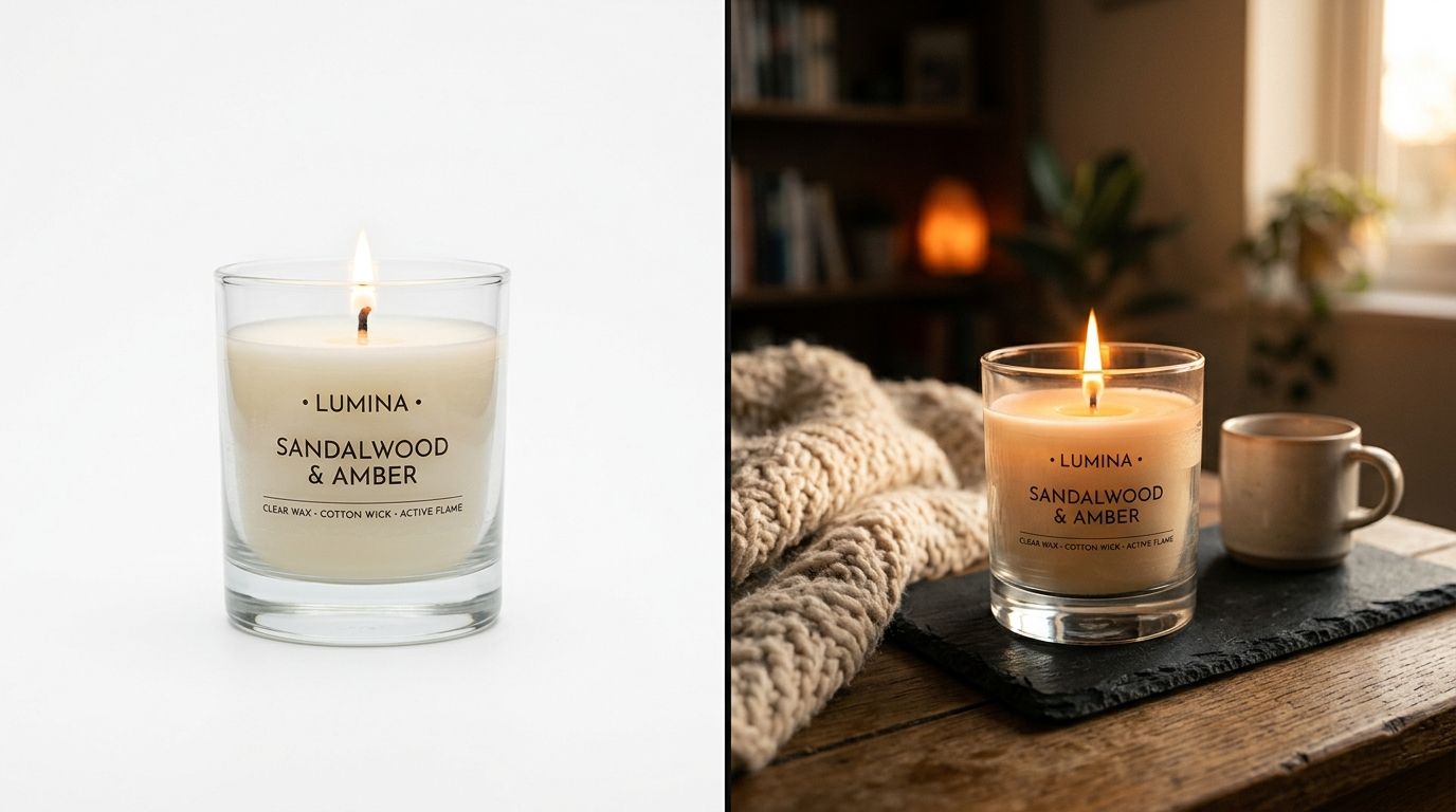 Candle product photography setup showing a lit candle on a dark surface