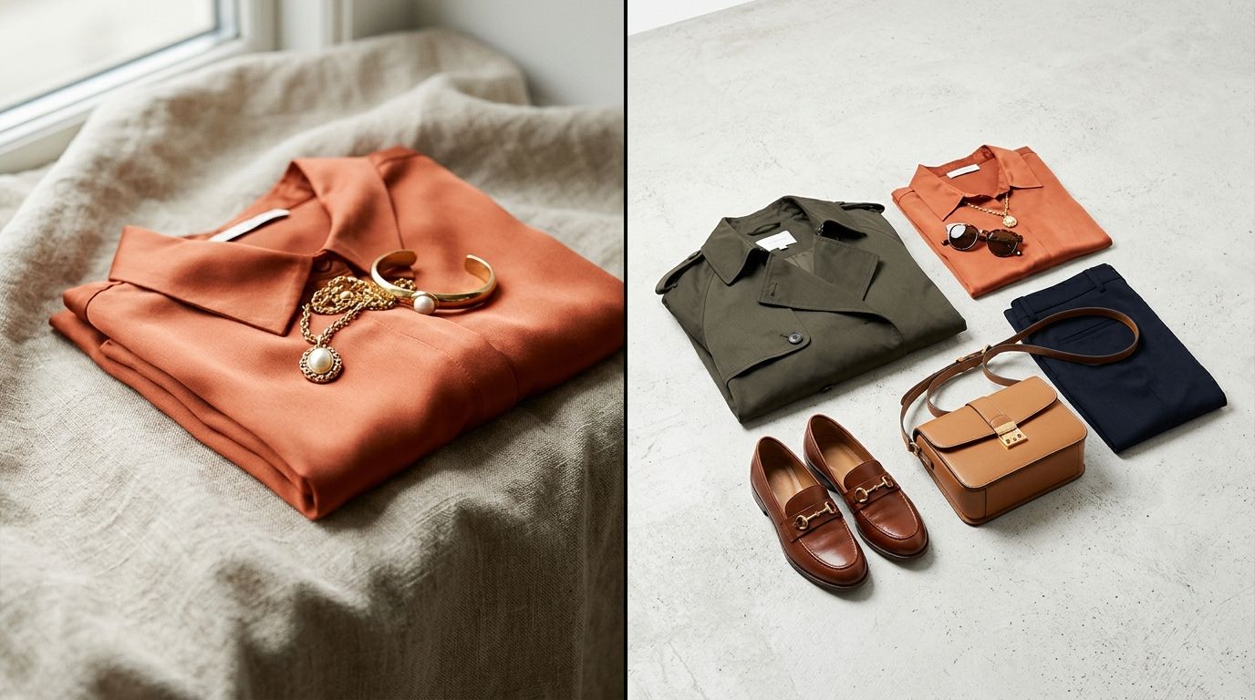 A well-styled e-commerce complete the look setup featuring coordinated apparel and accessories to drive multiple-item purchases.