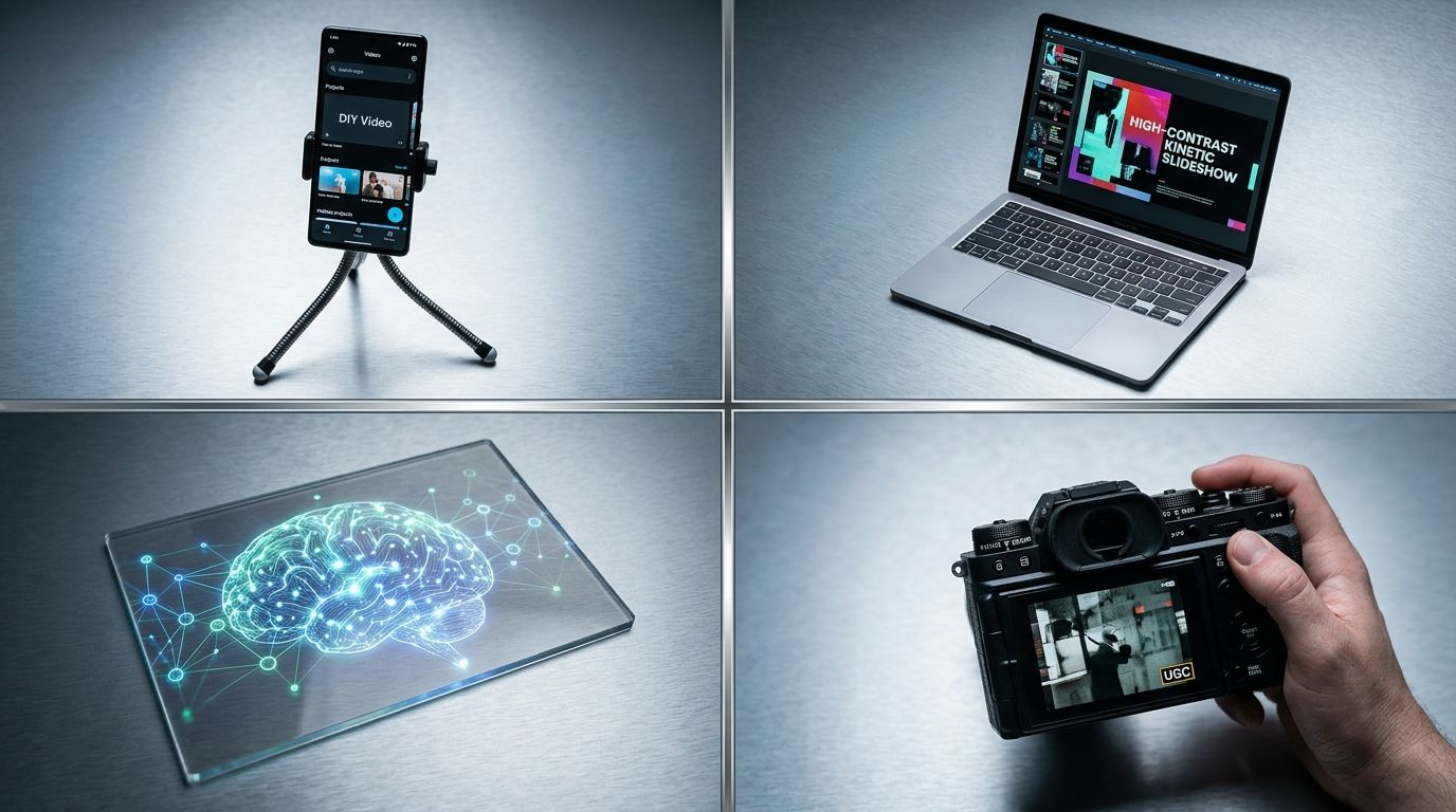 Four distinct visual styles showing the progression from low-budget DIY setups to polished professional ecommerce imagery.