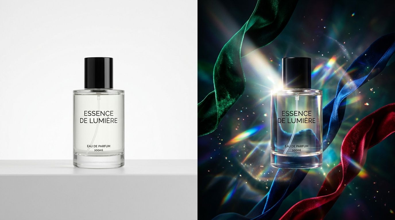 Example of creative product photography showing a cosmetics bottle in a dramatic, water-splashed environment