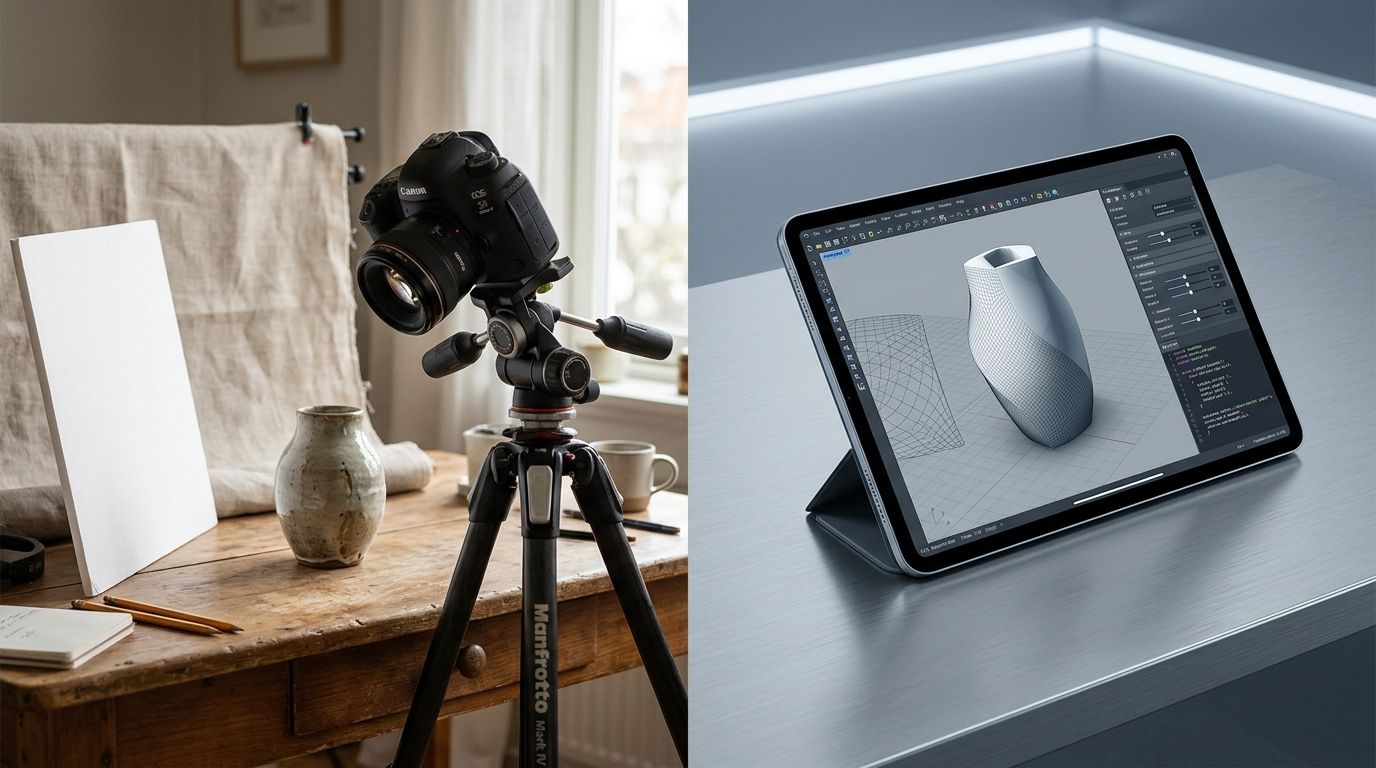 Comparison of a physical DIY photography setup on a table versus a digital AI interface generating product images