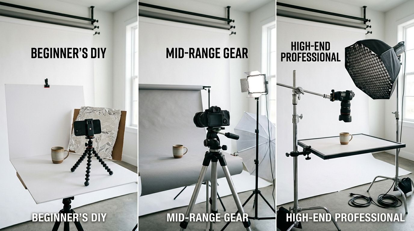 A minimal and effective home product photography studio setup featuring proper lighting and a clean background
