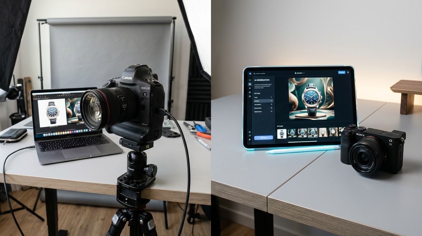 Mirrorless camera tethered to a laptop in a product photography studio setup