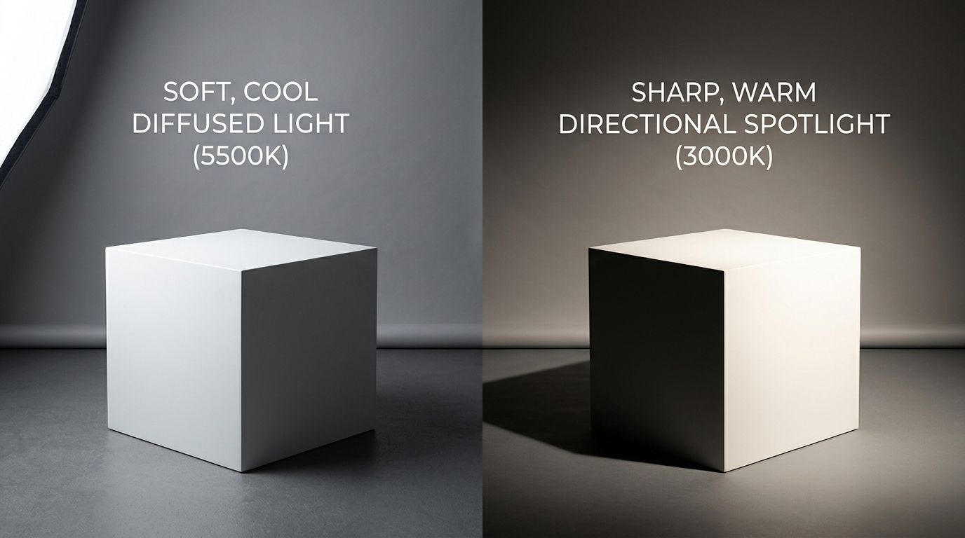 A split screen showing a product page with a sterile white background image versus a contextual lifestyle image