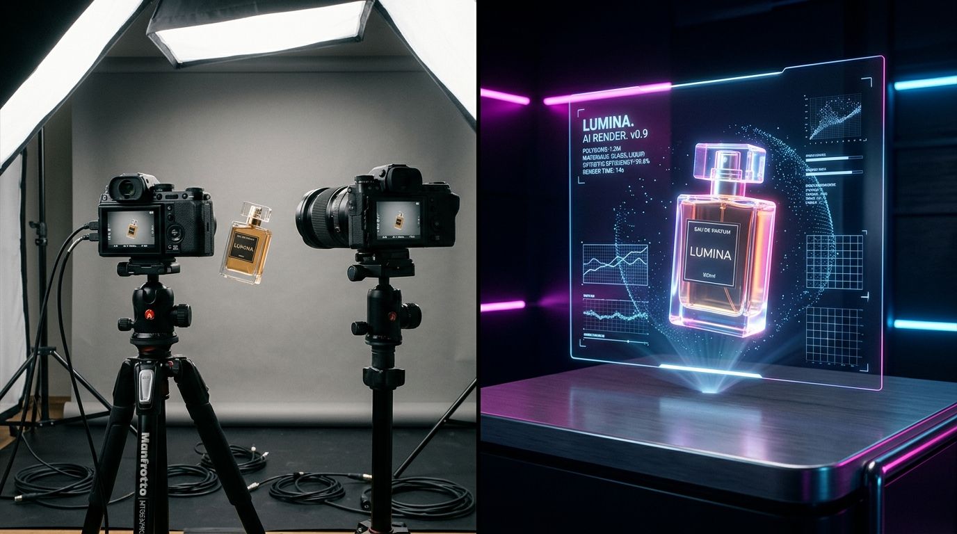 A modern ecommerce photography setup showing the evolution of digital image production