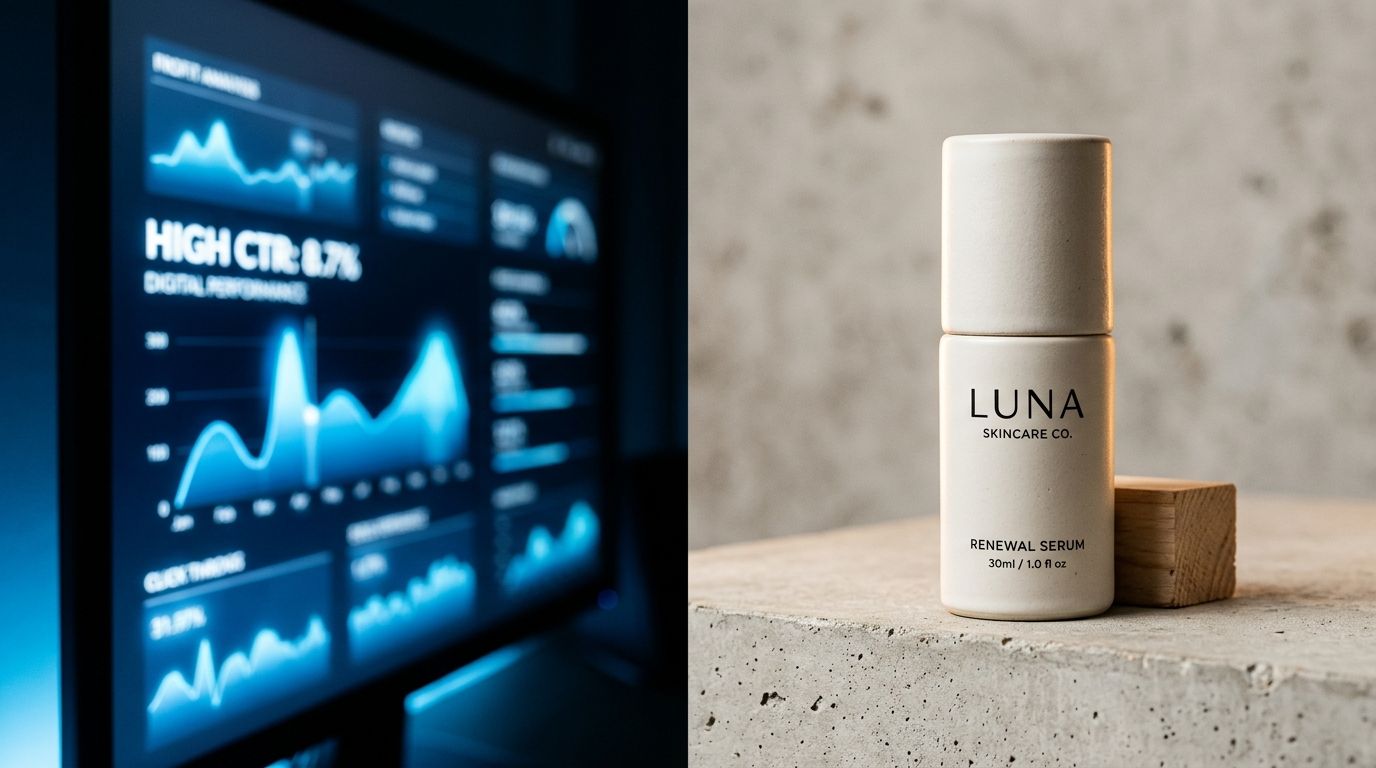 A split screen showing a vibrant Meta ad next to a sterile, misaligned product page