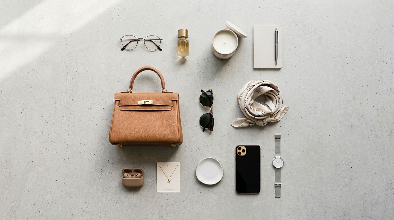 A clean, well-lit flat lay composition prioritizing negative space and product hierarchy.