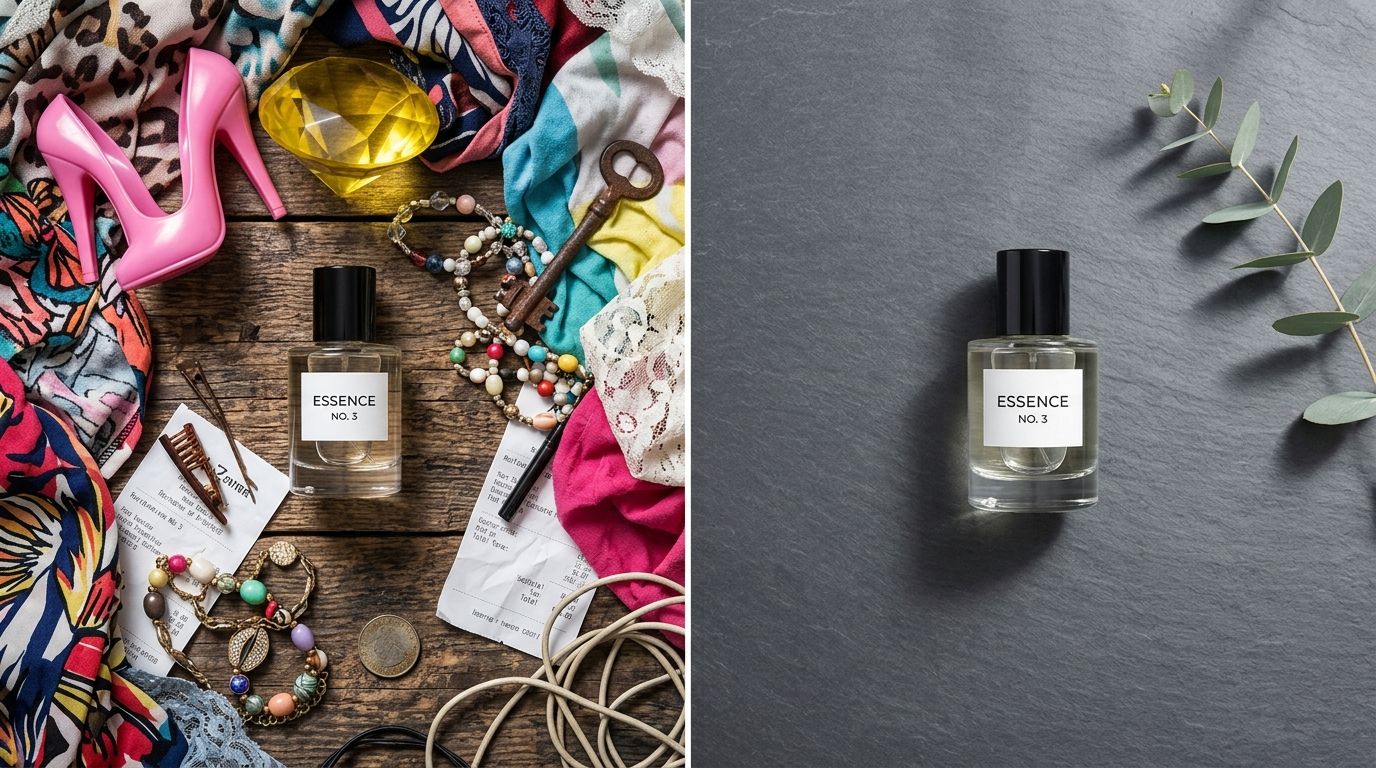 A clean, professional product flat lay demonstrating proper prop usage and context without overwhelming the main item.