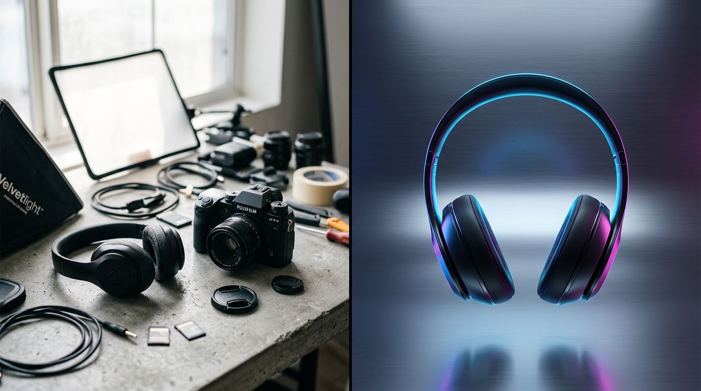 Flat lay product photography setup showing cosmetics and geometric props arranged on a colorful background