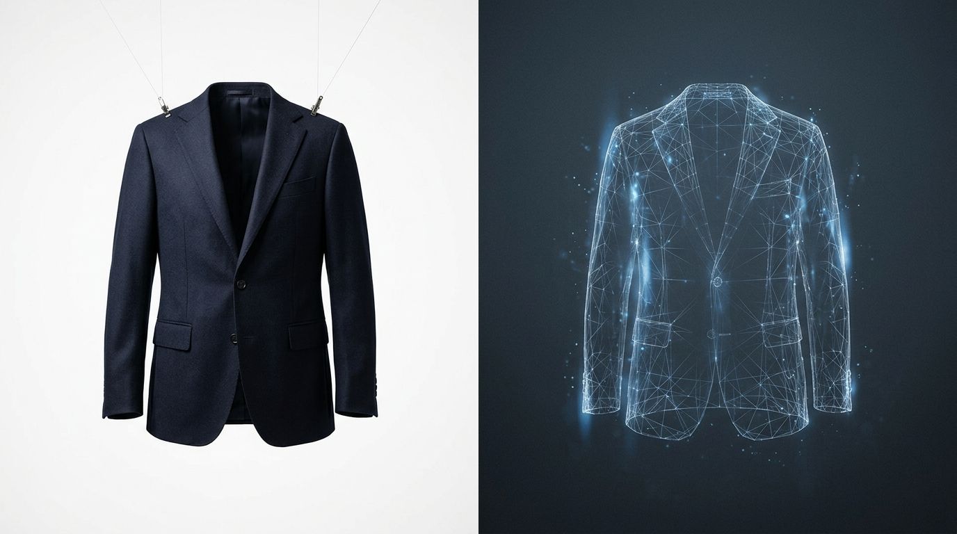 Comparison showing a raw photo of a jacket on a modular mannequin next to the finished hollow ghost mannequin effect