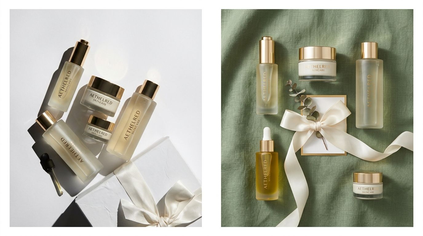 Ecommerce gift set photography showing premium skincare products arranged thoughtfully in a branded box