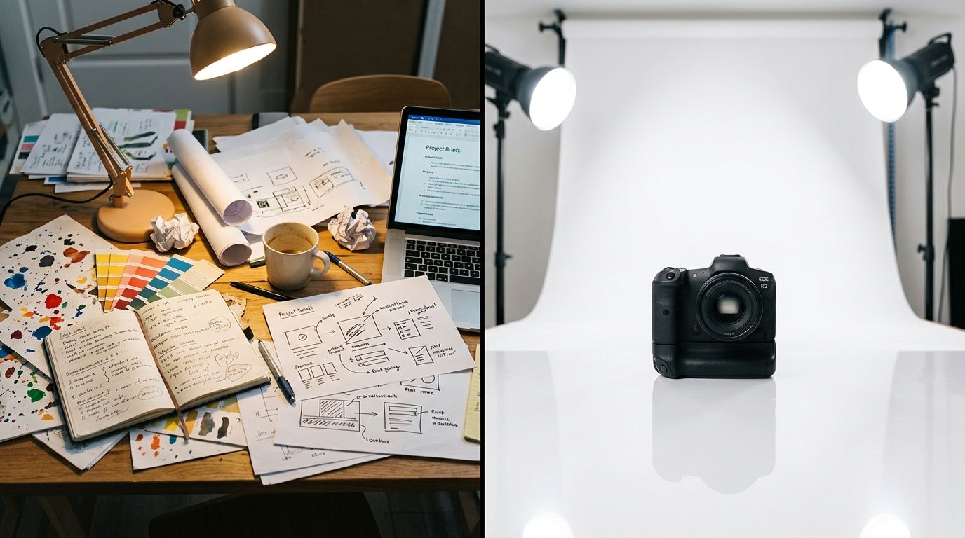 Behind the scenes of an ecommerce product photography studio shoot showing lighting setups and camera gear.