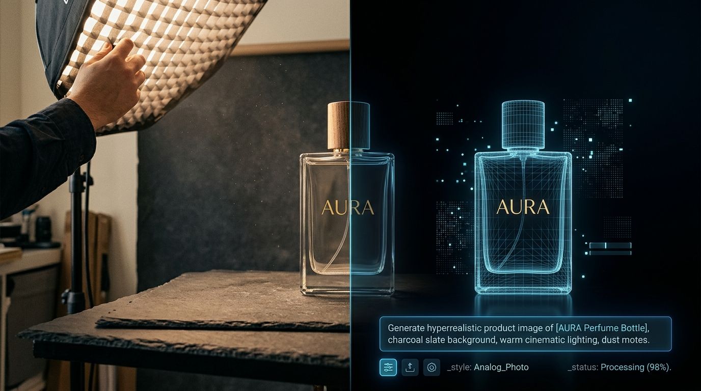 A split screen showing a traditional studio lighting setup next to an AI generated product photo