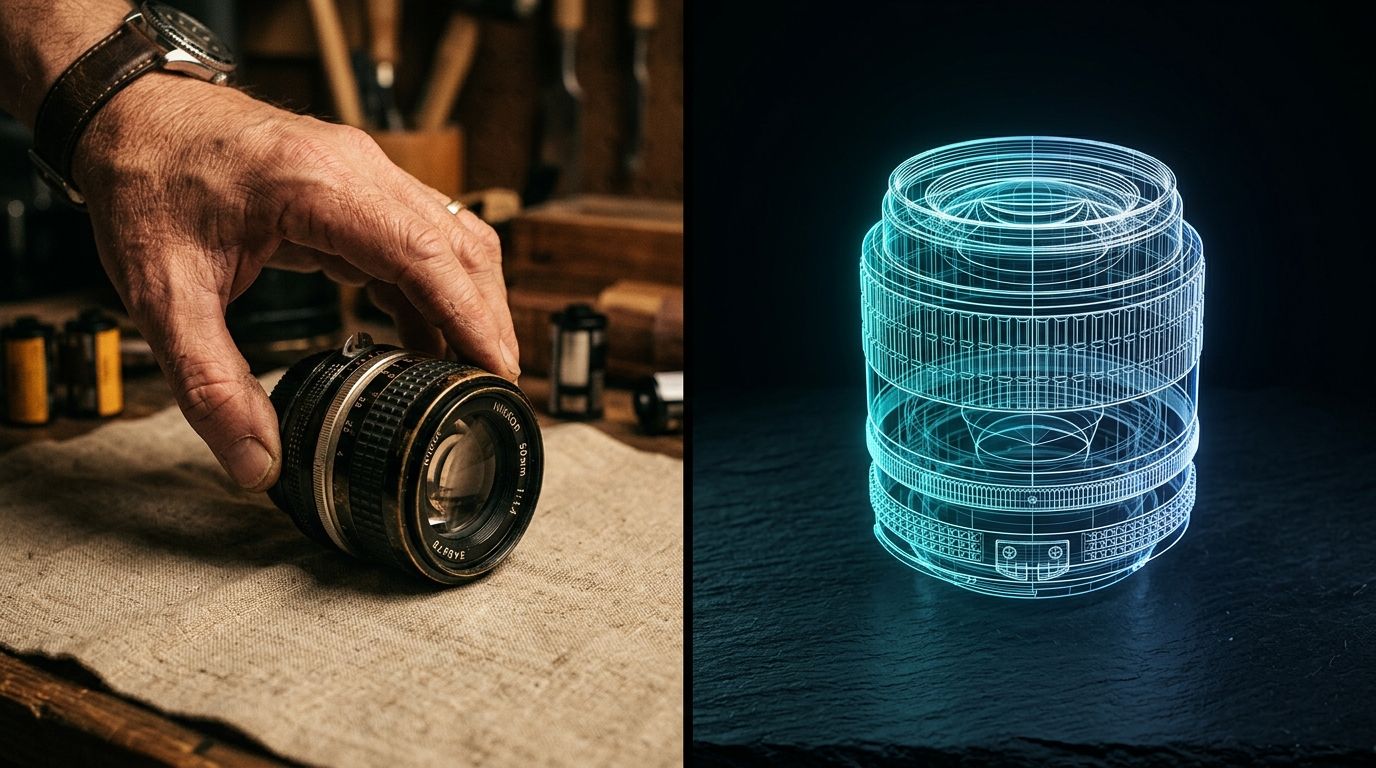 Split comparison showing a traditional photography studio setup next to a sleek AI generated product image interface