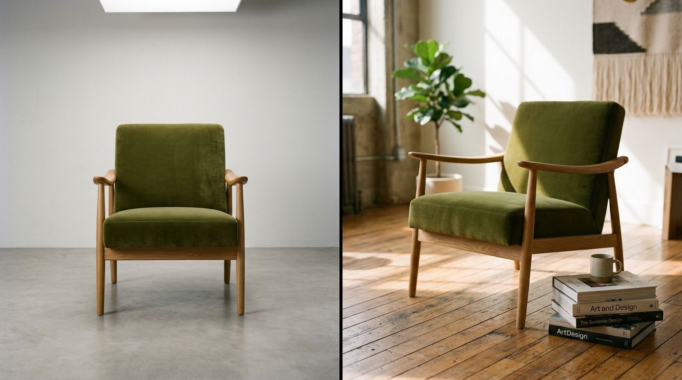 A beautifully styled mid-century modern accent chair placed in a sunlit living room to demonstrate scale and room context