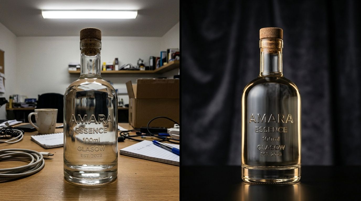 A premium skincare bottle resting on a dark slate podium with dramatic directional lighting