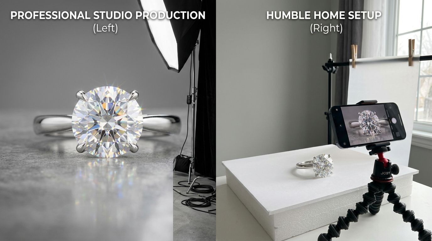 A clean, minimalist at-home jewelry photography setup capturing a gold ring on a white acrylic riser