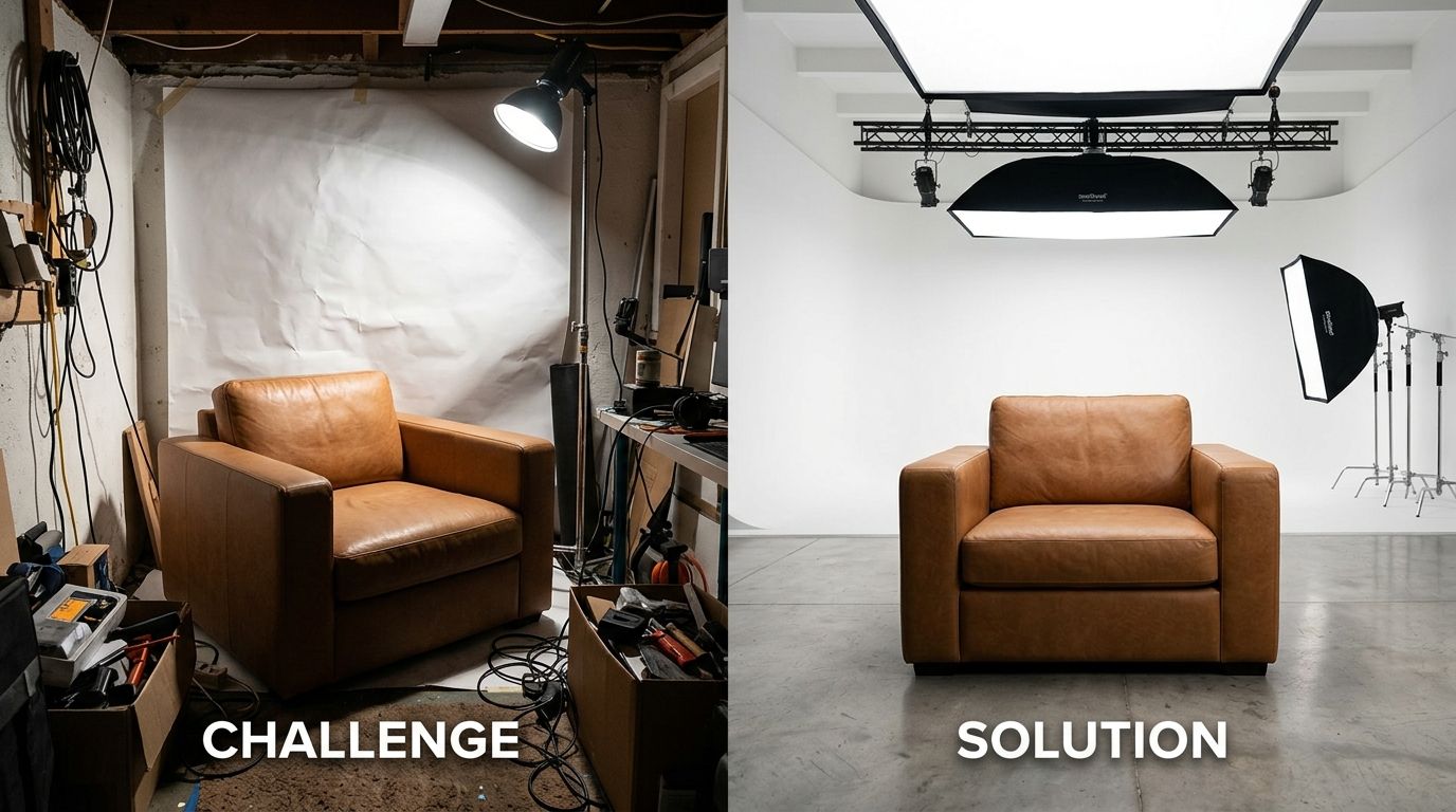 Large furniture product photography showing scale in a living room setup