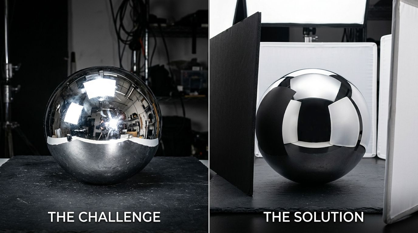 A studio setup showing large diffusion panels used to light a reflective chrome product.