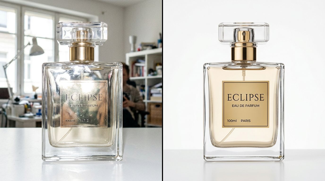 Glass product photography studio setup showing diffusion panels and black flags controlling reflections