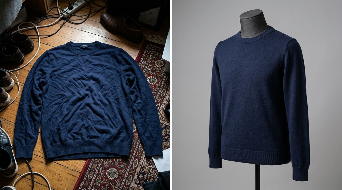 Comparison of poor fashion photography causing returns versus accurate ecommerce product imagery