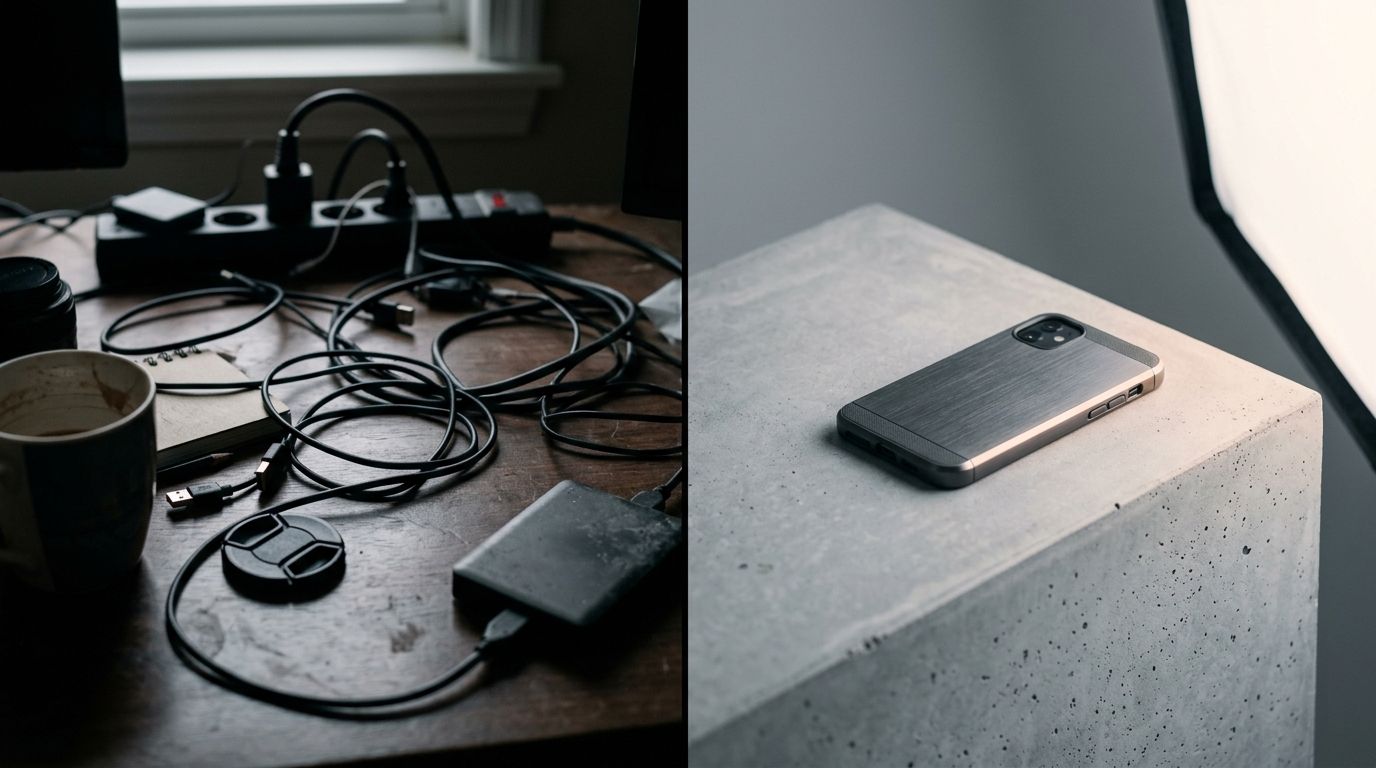 A minimal and modern product photography setup showing a camera capturing an ecommerce product on a clean background