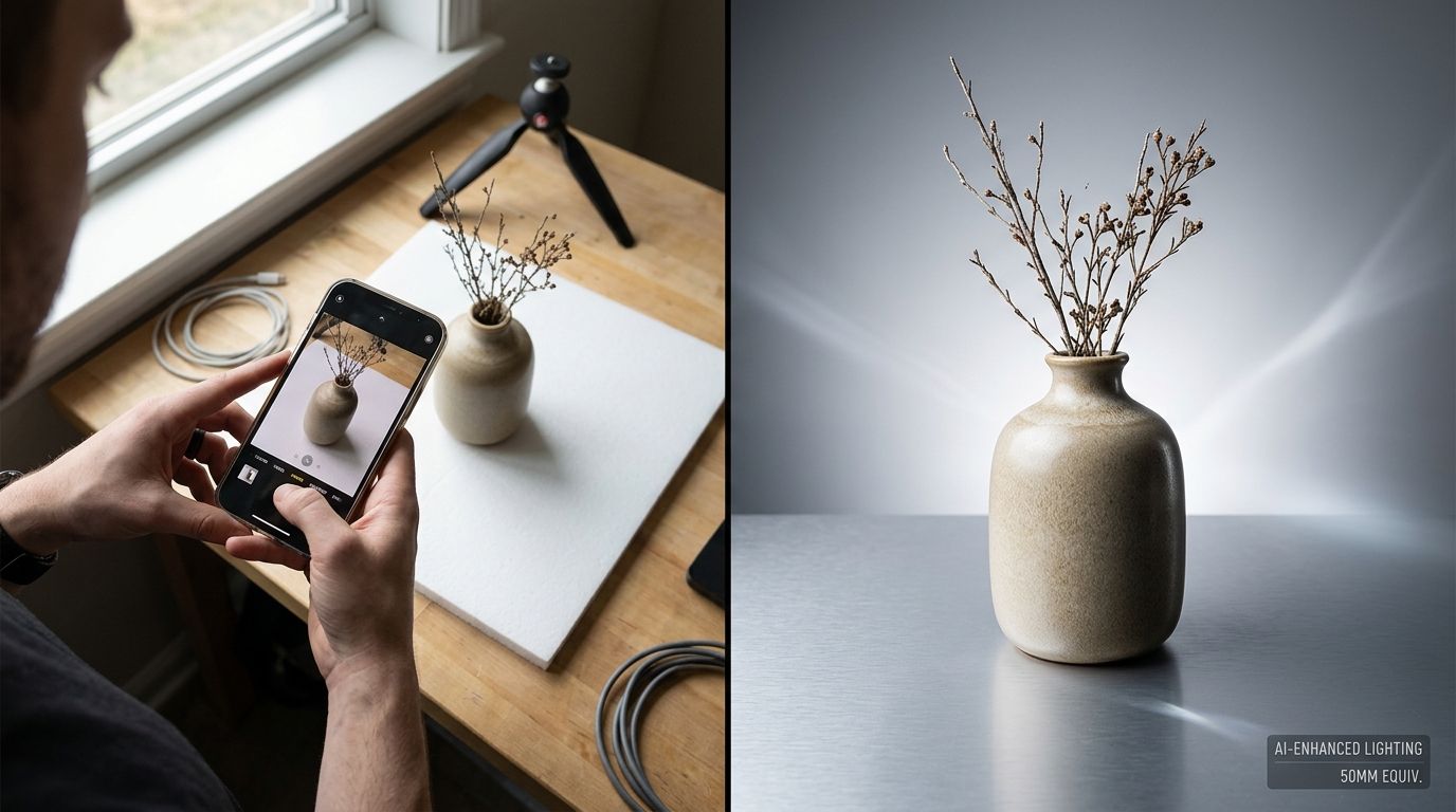 A smartphone positioned on a small tripod capturing a product photo in a DIY home studio setup