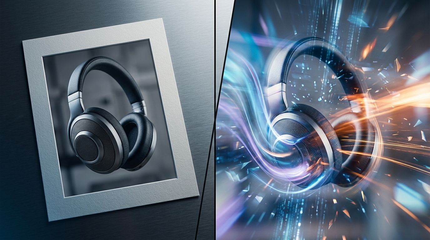 A grid of product photos being edited into a vertical video timeline for an Instagram Reel