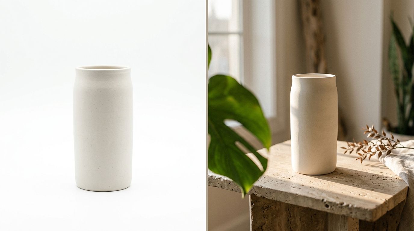 A split test showing a sterile white background product shot next to a vibrant lifestyle image optimized for Instagram Shopping.